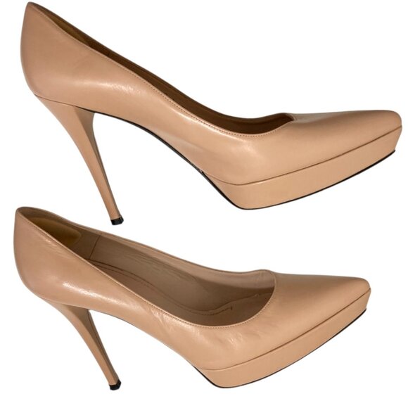 STUART WEITZMAN Pointed Toe Platform Stiletto Leather Heels Nude Tan - Picture 5 of 10